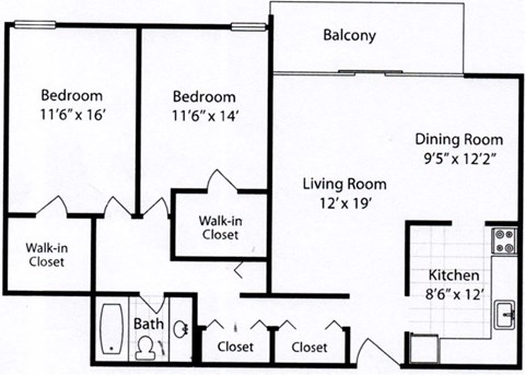 Floor plan for 2 beds, 1 bath, 1219 sqft